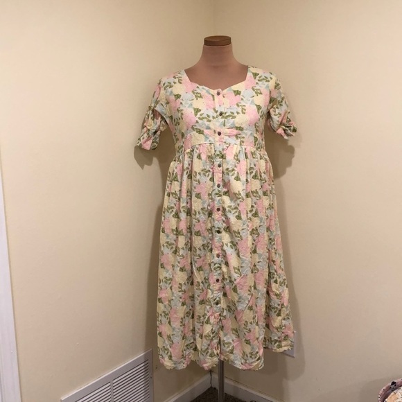 ModCloth Midi Dress Size Small Pastel Yellow Pink Floral Eyelet - Picture 2 of 12